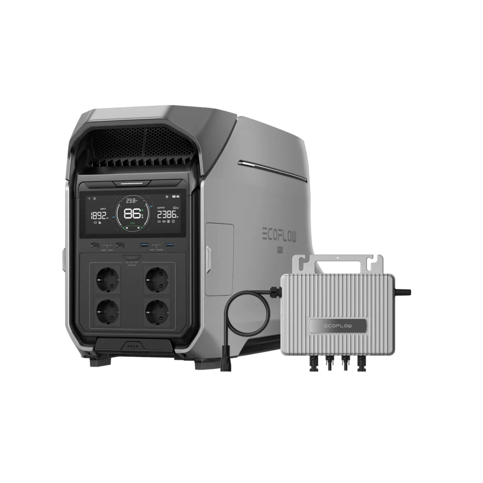 Panneau avant de l'EcoFlow DELTA Pro 3 avec écran et prises AC/USB