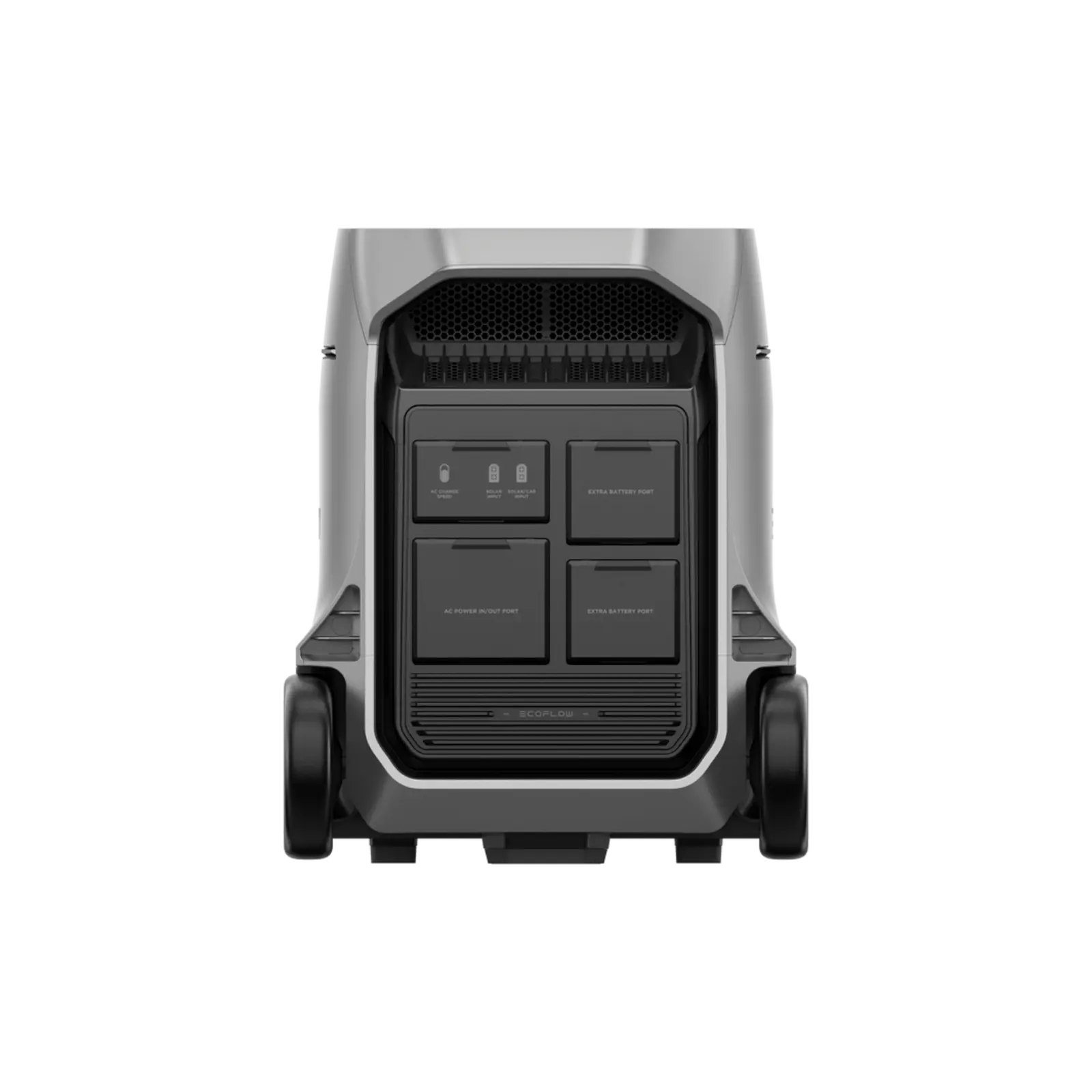 Panneau arrière de l'EcoFlow DELTA Pro 3 avec entrée AC, entrée solaire/voiture et ports batterie additionnelle