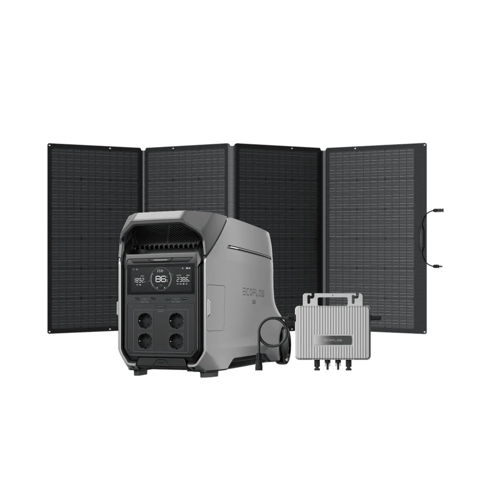 EcoFlow DELTA Pro 3 avec deux panneaux solaires pliables connectés