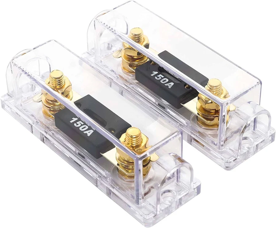 A pair of ANL fuse holders with clear plastic covers and brass bolt-through terminals, each holding a 150A ANL fuse
