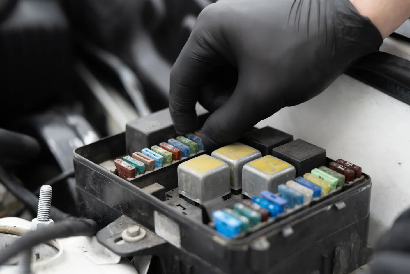 Mechanic in a black nitrile glove inspecting and replacing colored blade fuses in an engine bay fuse box
