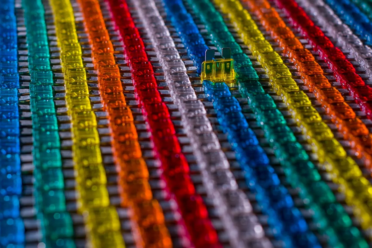 Macro photo of rows of colorful automotive blade fuses in different amp ratings, with one fuse standing upright in focus