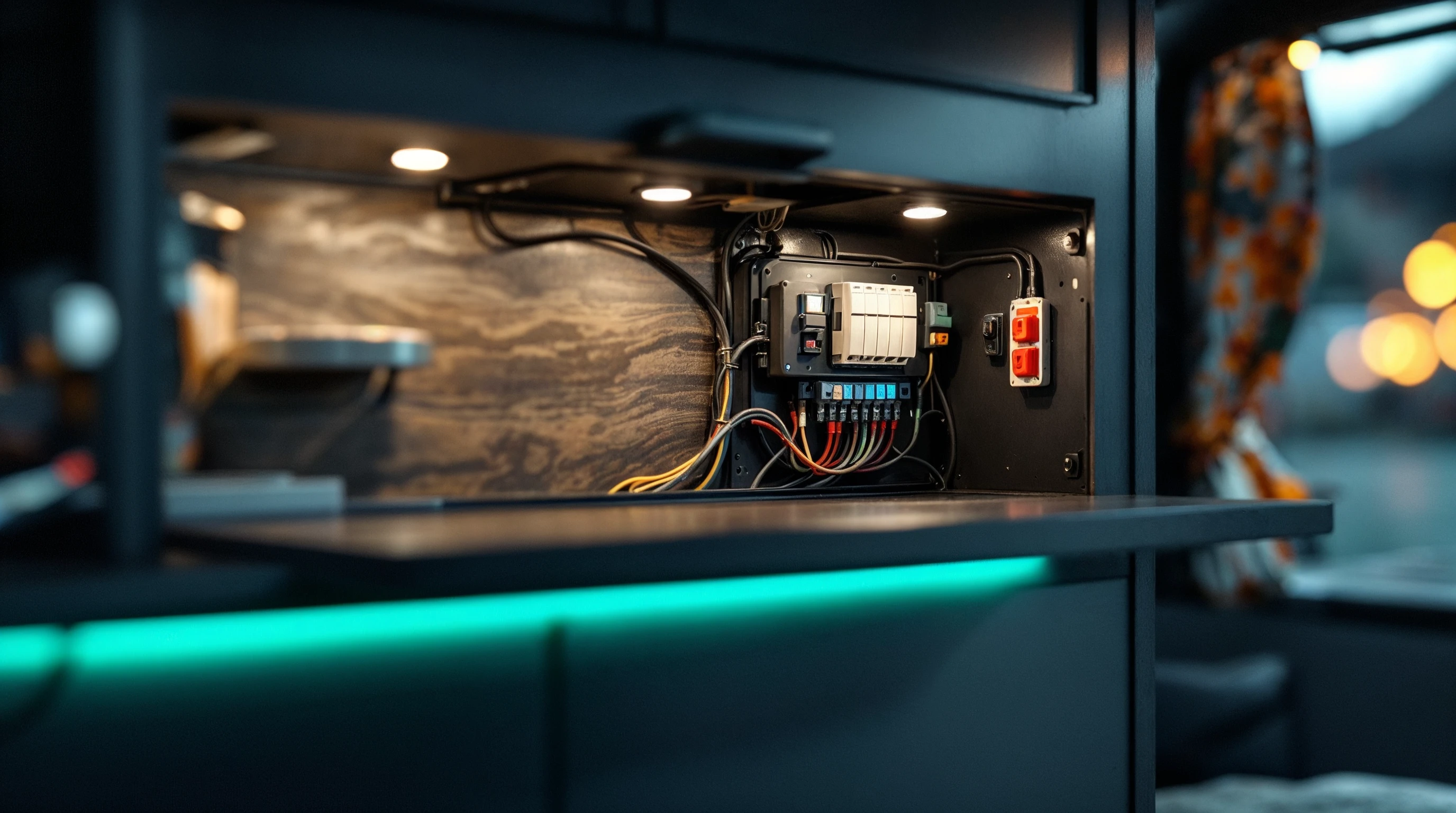 Inside a cozy camper electrical cabinet with tidy wiring harness, fuse block, and soft emerald accent lighting